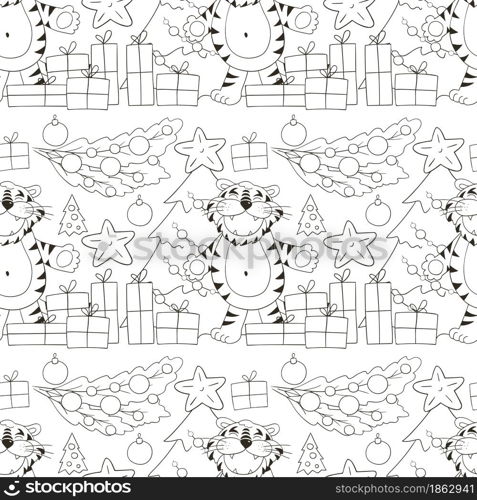 Seamless vector pattern for year of the tiger 2022. Pattern. Tiger, Christmas tree, gifts, Christmas decorations. Can be used for Coloring and etc. Seamless vector pattern for year of the tiger 2022. Coloring Pattern in hand draw style