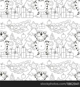 Seamless vector pattern for year of the tiger 2022. Pattern. Tiger, Christmas tree, gifts, Christmas decorations. Can be used for Coloring and etc. Seamless vector pattern for year of the tiger 2022. Coloring Pattern in hand draw style