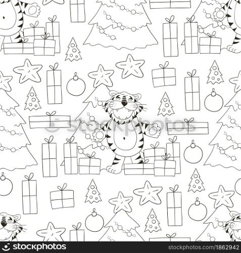 Seamless vector pattern for year of the tiger 2022. Pattern. Tiger, Christmas tree, gifts, Christmas decorations. Can be used for fabric, Coloring and etc. Seamless vector pattern for year of the tiger 2022. Coloring Pattern in hand draw style