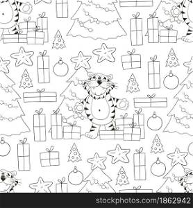 Seamless vector pattern for year of the tiger 2022. Pattern. Tiger, Christmas tree, gifts, Christmas decorations. Can be used for fabric, Coloring and etc. Seamless vector pattern for year of the tiger 2022. Coloring Pattern in hand draw style