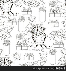 Seamless vector pattern for year of the tiger 2022. Pattern. Tiger, Christmas tree, gifts, Christmas tree decorations. Can be used for Coloring and etc. Seamless vector pattern for year of the tiger 2022. Coloring Pattern in hand draw style