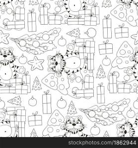 Seamless vector pattern for year of the tiger 2022. Pattern. Tiger, Christmas tree, gifts, Christmas tree decorations. Can be used for Coloring, textile and etc. Seamless vector pattern for year of the tiger 2022. Coloring Pattern in hand draw style