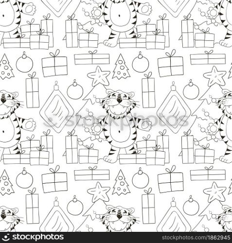 Seamless vector pattern for year of the tiger 2022. Pattern. Tiger, Christmas tree, gifts, Christmas tree decorations. Can be used for fabric, Coloring and etc. Seamless vector pattern for year of the tiger 2022. Coloring Pattern in hand draw style