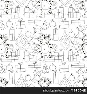 Seamless vector pattern for year of the tiger 2022. Pattern. Tiger, Christmas tree, gifts, Christmas tree decorations. Can be used for fabric, Coloring and etc. Seamless vector pattern for year of the tiger 2022. Coloring Pattern in hand draw style
