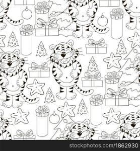 Seamless vector pattern for year of the tiger 2022. Pattern in hand draw style. Tiger, Christmas tree, gifts, Coloring decorations. Can be used for fabric. Seamless vector pattern for year of the tiger 2022. Coloring Pattern in hand draw style