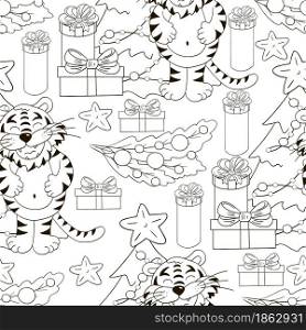 Seamless vector pattern for year of the tiger 2022. Pattern in hand draw style. Tiger, Christmas tree, gifts, Coloring decorations. Seamless vector pattern for year of the tiger 2022. Coloring Pattern in hand draw style