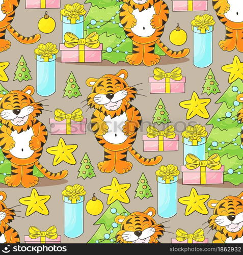 Seamless vector pattern for year of the tiger 2022. Pattern in hand draw style. Tiger, Christmas tree, gifts, Pastel decorations. Can be used for fabric. Faces of tigers. Symbol of 2022. Tigers in hand draw style. New Year 2022