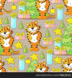 Seamless vector pattern for year of the tiger 2022. Pattern in hand draw style. Tiger, Christmas tree, gifts, Pastel decorations. Can be used for fabric. Faces of tigers. Symbol of 2022. Tigers in hand draw style. New Year 2022
