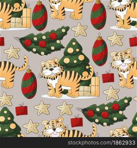 Seamless vector pattern for year of the tiger 2022. Pattern in hand draw style. Tiger, Christmas tree, gifts, Pastel decorations. Faces of tigers. Symbol of 2022. Tigers in hand draw style. New Year 2022