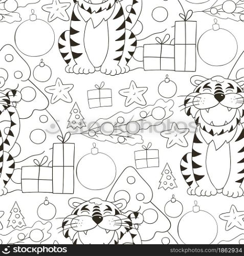 Seamless vector pattern for year of the tiger 2022. Pattern in hand draw style. Tiger, Christmas tree, gifts. Can be used for Coloring. Seamless vector pattern for year of the tiger 2022. Coloring Pattern in hand draw style
