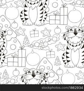 Seamless vector pattern for year of the tiger 2022. Pattern in hand draw style. Tiger, Christmas tree, gifts. Can be used for Coloring. Seamless vector pattern for year of the tiger 2022. Coloring Pattern in hand draw style