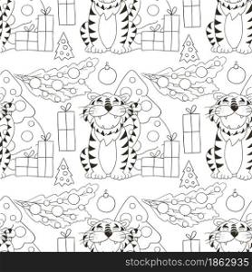 Seamless vector pattern for year of the tiger 2022. Pattern in hand draw style. Tiger, Christmas tree, gifts. Can be used for fabric, Coloring and etc. Seamless vector pattern for year of the tiger 2022. Coloring Pattern in hand draw style