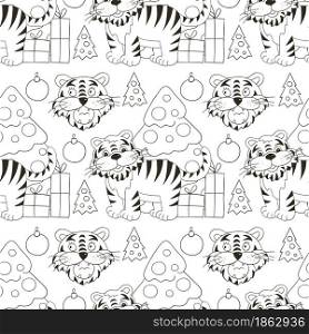 Seamless vector pattern for year of the tiger 2022. Pattern in hand draw style. Tiger, Christmas tree, gifts. Can be used for fabric, Coloring, wrapping and etc. Seamless vector pattern for year of the tiger 2022. Coloring Pattern in hand draw style