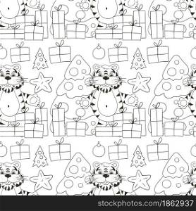 Seamless vector pattern for year of the tiger 2022. Pattern in hand draw style. Tiger, Christmas, gifts. Can be used for Coloring. Seamless vector pattern for year of the tiger 2022. Coloring Pattern in hand draw style