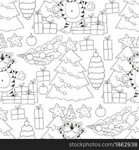 Seamless vector pattern for year of the tiger 2022. Pattern in hand draw style. Tiger, Coloring, gifts. Seamless vector pattern for year of the tiger 2022. Coloring Pattern in hand draw style