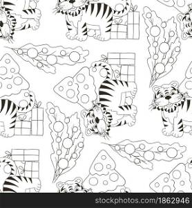 Seamless vector pattern for year of the tiger 2022. Pattern. Tiger, Christmas tree, gifts. Can be used for fabric, Coloring, wrapping paper and etc. Seamless vector pattern for year of the tiger 2022. Coloring Pattern in hand draw style