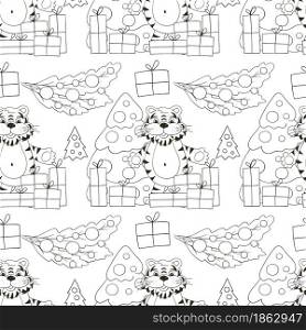Seamless vector pattern for year of the tiger 2022. Pattern. Tiger, Christmas tree, gifts. Can be used for fabric, Coloring, wrapping paper, textile and etc. Seamless vector pattern for year of the tiger 2022. Coloring Pattern in hand draw style