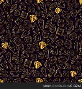 Seamless vector pattern - golden outline crystals or gems, on dark purple background, endless texture with gemstones, diamonds, hand drawn or doodle . New Crystals Set