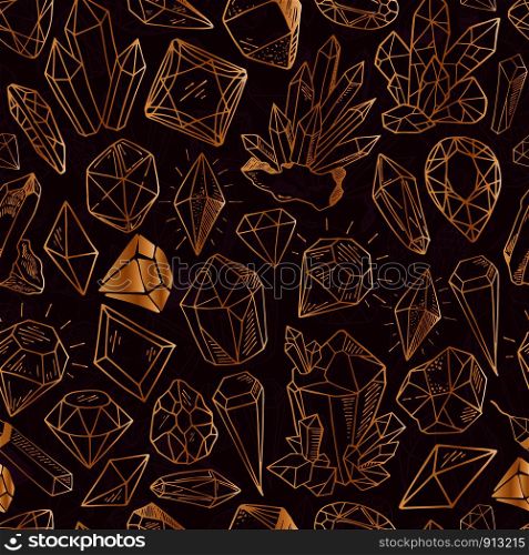 Seamless vector pattern - golden outline crystals or gems, on dark red background, endless texture with gemstones, diamonds, hand drawn or doodle illustration. New Crystals Set