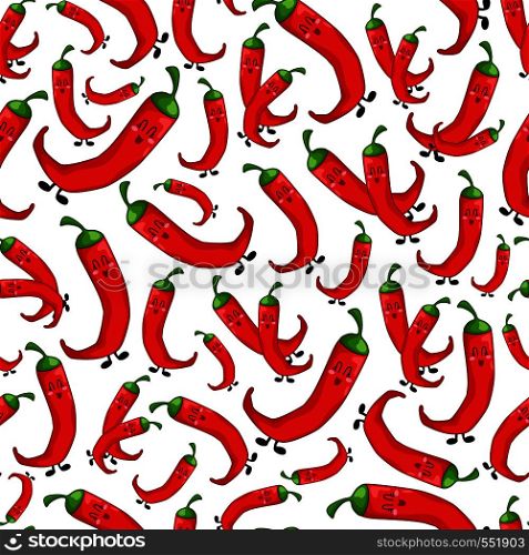 Seamless vector pattern - hot red chili papper on white background. Endless texture with kawaii cartoon food, vegetables. Cute character is smiling. Illustration for textile, wrapper. Flat style. Kawaii Food Collection