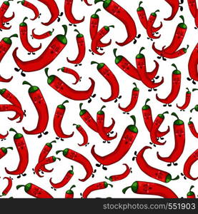 Seamless vector pattern - hot red chili papper on white background. Endless texture with kawaii cartoon food, vegetables. Cute character is smiling. Illustration for textile, wrapper. Flat style. Kawaii Food Collection