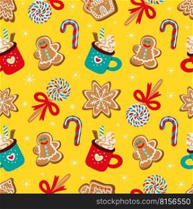 Seamless vector pattern of assorted traditional sweets for Christmas celebration on a yellow background. Seamless pattern of traditional Christmas sweets