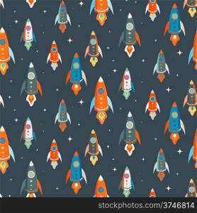 Seamless vector pattern of colorful rockets in outer space among the stars. Seamless vector pattern of colorful spaceships