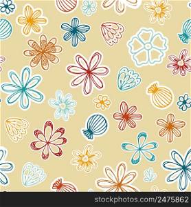 Seamless vector pattern of cute garden flowers in hand drawn doodle style. For packaging design, textile, wrapping paper, fabric. Seamless vector pattern of cute garden flowers in hand drawn doodle style. For packaging design, textile, wrapping paper, fabric.