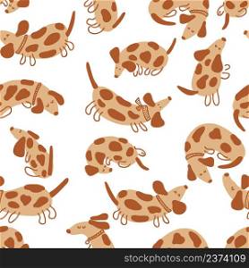 Seamless vector pattern of playing spotted dachshunds. Perfect for scrapbooking, greeting card, poster, textile and prints. Doodle style illustration for decor and design.