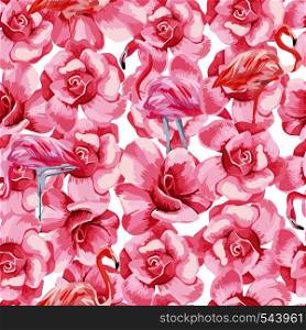 Seamless vector pattern of roses and exotic tropical bird pink flamingo. Beach vintage wallpaper on white background