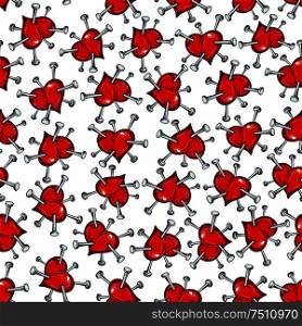 Seamless vector pattern of scattered red hearts studded with nails symbolic of heartbreak and unhappiness in love or of ill health and heart problems