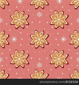 Seamless vector pattern of traditional gingerbread cookies and small white snowflakes on pink background. Gingerbread cookies and white snowflakes