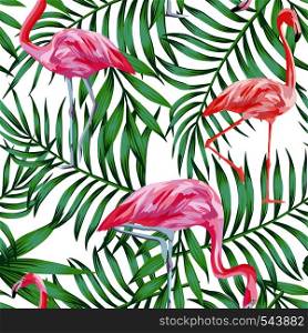 Seamless vector pattern of tropical birds pink flamingo on a background of green foliage