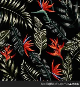 Seamless vector pattern of tropical palm leafs and flowers abstract color. Fashion floral beach wallpaper on a black background