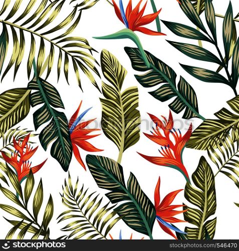 Seamless vector pattern of tropical palm leaves and flowers. Fashion nature floral beach wallpaper on a white background
