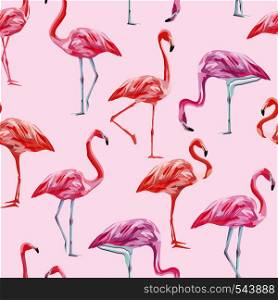 Seamless vector pattern set of tropical birds pink flamingos on a pink background. Beach wallpaper