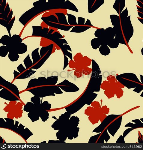 Seamless vector pattern silhouette tropical leaves and flowers in two colors beige background