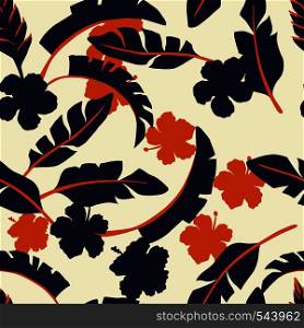 Seamless vector pattern silhouette tropical leaves and flowers in two colors beige background