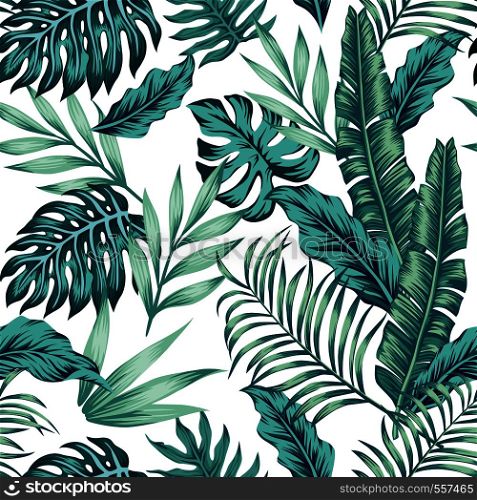 Seamless vector pattern tropical composition exotic blue leaves on the white background. Summer realistic wallpaper