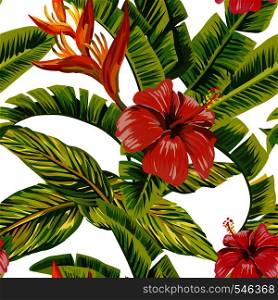 Seamless vector pattern tropical leaves and exotic flowers hibiscus. Beach bikini wallpaper print
