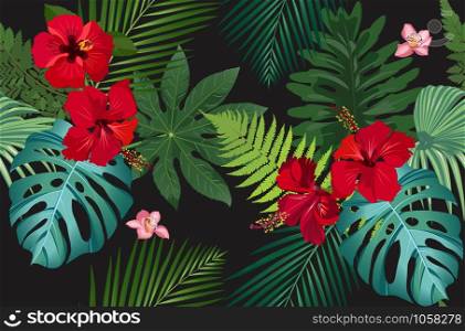 Seamless vector pattern tropical leaves with red hibiscus flower and pink orchid on black background
