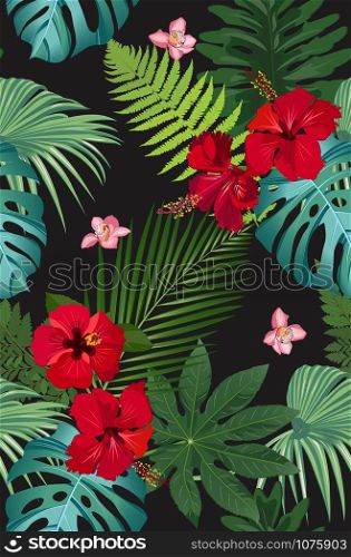 Seamless vector pattern tropical leaves with red hibiscus flower and pink orchid on black background
