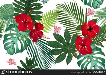 Seamless vector pattern tropical leaves with red hibiscus flower and pink orchid on white background