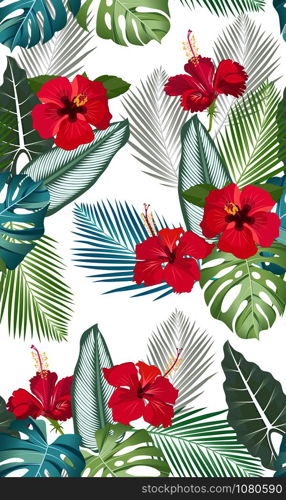 Seamless vector pattern tropical leaves with red hibiscus flower on white background