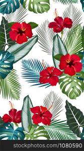 Seamless vector pattern tropical leaves with red hibiscus flower on white background