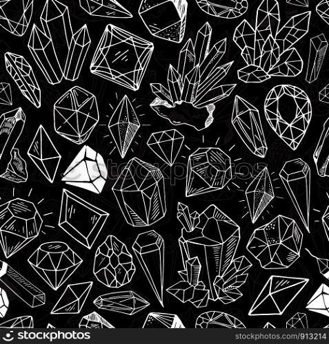 Seamless vector pattern - white outline crystals or gems, on black background, endless texture with gemstones, diamonds, hand drawn or doodle illustration. New Crystals Set