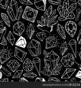 Seamless vector pattern - white outline crystals or gems, on black background, endless texture with gemstones, diamonds, hand drawn or doodle illustration. New Crystals Set