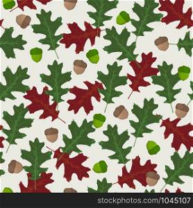 Seamless vector pattern with autumn leaves in seasonal colors. Oak leaf and acorn on white background