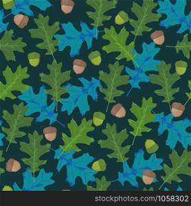 Seamless vector pattern with autumn leaves in seasonal colors. Oak leaf and acorn on blue-green background