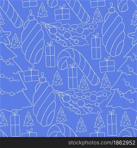 Seamless vector pattern with candy cane, Christmas tree decorations. Blue Pattern in hand draw style. Can be used for fabric and etc. Seamless vector pattern. Christmas tree decorations. Pattern in hand draw style